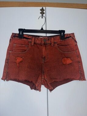 Free People Orange Black Acid Washed Distressed Denim Shorts